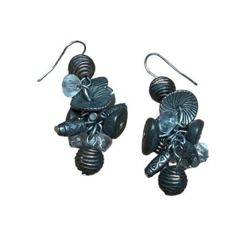 Vintage 90s Beaded Abalone Shell Earrings‎ Off White Black Silver Tone Metal